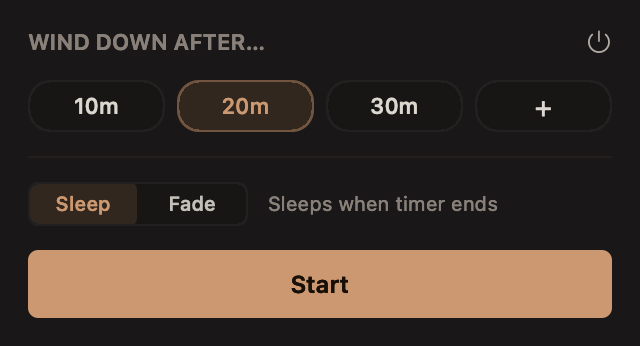 Drift panel open with a 20-minute sleep timer selected and Start button available